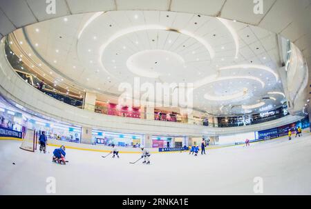 (170316) -- WUHAN, 16 mars 2017 -- une photo prise le 25 février 2017 montre des joueurs de hockey sur glace du Binglong International Skating Club qui suivent un entraînement dans un centre commercial de Wuhan, dans la province du Hubei, au centre de la Chine. Maintenant un rythme de développement solide et régulier, l'industrie du sport chinoise était en plein essor en 2016. Le Programme national de remise en forme (2016-2020) et le 13e Plan quinquennal sur l'industrie du sport ont tous deux été publiés en 2016 pour offrir une orientation claire à la stratégie nationale de la Chine visant à assurer la remise en forme publique et le développement de l'industrie du sport. Administration générale du sport en Chine, conjointe Banque D'Images