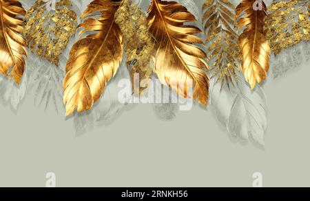 papier peint classique 3d. feuilles d'arbre de branches dorées dans le dessin de fond mural pour la décoration de chambre Banque D'Images