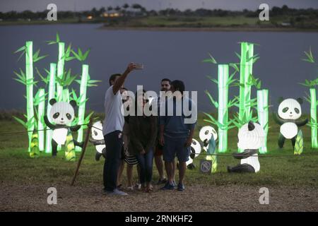 (170402) -- BOCA RATON, 2 avril 2017 -- des visiteurs posent pour des photos lors d'un festival de lanternes qui s'est tenu à l'amphithéâtre Sunset Cove à Boca Raton, Floride, États-Unis, le 24 mars 2017. Le dessin du sucre, un art folklorique chinois traditionnel utilisant du caramel chaud pour créer des figures en deux dimensions, est parmi de nombreuses compétences folkloriques exposées du 24 février au 9 avril au Festival des lanternes chinoises dans le comté de Palm Beach, un paradis pour les vacanciers dans le sud de la Floride. (zy) US-BOCA RATON-CHINESE FOLK ARTS WangxYing PUBLICATIONxNOTxINxCHN Boca Raton avril 2 2017 les visiteurs posent pour des photos À un héros du Festival des lanternes Banque D'Images