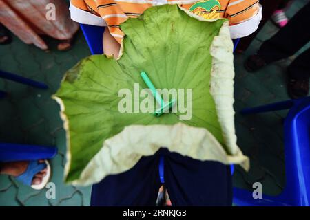 (170405) -- MAE HONG SON, 5 avril 2017 -- Un garçon montre une feuille de lotus portant un rasoir à cheveux au début des rituels d'ordination des moines novices POI sang long à Wat Pang Lo dans le nord de la Thaïlande, Mae Hong son, 31 mars 2017. Considéré comme l'un des plus grands moments de la vie d'un garçon, les rituels d'ordination des moines novices POI sang long sont organisés chaque année par les peuples Shan, également connus sous le nom de Tai Yai, qui résident principalement au Myanmar et dans le nord de la Thaïlande. Âgés de 7 à 14 ans, les garçons, appelés sang long en langue shan, subiront une série de procédures rituelles lors d’un po typique Banque D'Images