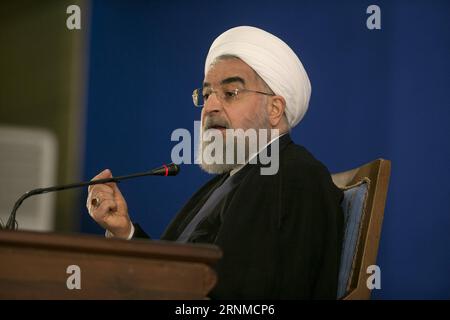 (170522) -- TÉHÉRAN, le 22 mai 2017 -- le président réélu Hassan Rouhani prononce une conférence de presse à Téhéran, capitale de l'Iran, le 22 mai 2017. Le président réélu de l Iran Hassan Rouhani a déclaré lundi que les États-Unis devraient abandonner leurs politiques hostiles à l égard de la république islamique. IRAN-TÉHÉRAN-ROUHANI-États-Unis- POLITIQUES HOSTILES-ABANDON AhmadxHalabisaz PUBLICATIONxNOTxINxCHN TÉHÉRAN mai 22 2017 Iran S Président élu Hassan Rouhani s'adresse à une conférence de presse à TÉHÉRAN capitale de l'Iran LE 22 2017 mai Iran S Président élu Hassan Rouhani a déclaré lundi Thatcher États-Unis Banque D'Images