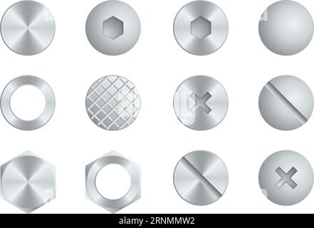 Têtes de vis et de boulons. Vue de dessus des ongles. Écrous et rivets en acier Illustration de Vecteur