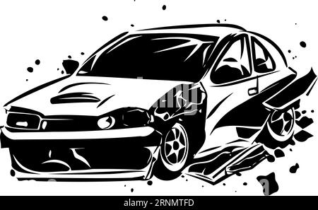 accident de voiture écrasé illustration vectorielle minimaliste en noir et blanc Illustration de Vecteur