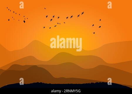 Paysage avec coucher de soleil, collines et oiseaux. Fond de la nature avec orange Sundown.Abstract paysage, montagne, herbe, oiseaux et lever du soleil ou afterglow.Vector Illustration de Vecteur