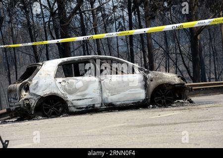 (170618) -- LISBONNE, 18 juin 2017 -- une photo prise le 18 juin 2017 montre l'épave d'une voiture après l'incendie de forêt dévastateur dans la région de Pedrogao Grande, au centre du Portugal. Le nombre de personnes tuées dans l'incendie de forêt qui fait rage dans le centre du Portugal est passé à 62, avec 54 autres blessés, a déclaré dimanche le secrétaire d'État à l'intérieur Jorge Gomes. L'incendie s'est déclaré samedi à Pedrogao Grande, au nord-est de Lisbonne, et s'est rapidement propagé aux villes de Figueird dos Vinhos et Castanheira de Pera dans le district de Leiria, où les pompiers luttent toujours contre l'incendie. PORTUGAL-PED Banque D'Images