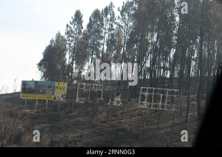 (170618) -- LISBONNE, le 18 juin 2017 -- des panneaux publicitaires brûlés ont été vus après un incendie de forêt dévastateur dans la région de Pedrogao Grande, au centre du Portugal, le 18 juin 2017. Le nombre de personnes tuées dans l'incendie de forêt qui fait rage dans le centre du Portugal est passé à 62, avec 54 autres blessés, a déclaré dimanche le secrétaire d'État à l'intérieur Jorge Gomes. L'incendie s'est déclaré samedi à Pedrogao Grande, au nord-est de Lisbonne, et s'est rapidement propagé aux villes de Figueird dos Vinhos et Castanheira de Pera dans le district de Leiria, où les pompiers luttent toujours contre l'incendie. PORTUGAL-PEDROGAO GRAN Banque D'Images