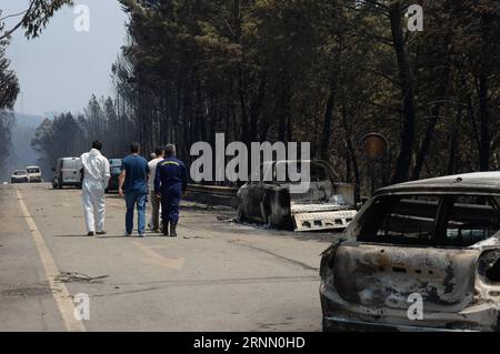 (170618) -- LISBONNE, 18 juin 2017 -- une photo prise le 18 juin 2017 montre l'épave de voitures après l'incendie de forêt dévastateur dans la région de Pedrogao Grande, au centre du Portugal. Le nombre de personnes tuées dans l'incendie de forêt qui fait rage dans le centre du Portugal est passé à 62, avec 54 autres blessés, a déclaré dimanche le secrétaire d'État à l'intérieur Jorge Gomes. L'incendie s'est déclaré samedi à Pedrogao Grande, au nord-est de Lisbonne, et s'est rapidement propagé aux villes de Figueird dos Vinhos et Castanheira de Pera dans le district de Leiria, où les pompiers luttent toujours contre l'incendie. PORTUGAL-PEDR Banque D'Images