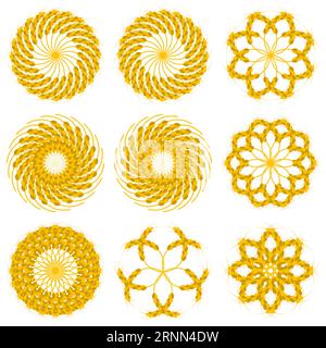 Couronnes rondes de blé et ensemble d'ornements. Conception et modèles différents. Illustration de Vecteur