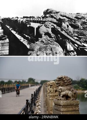 (170706) -- PÉKIN, 6 juillet 2017 -- la partie supérieure de la photo combinée montre des soldats du 29e corps nationaliste combattant dur pour résister aux envahisseurs japonais au pont Lugou (fichier). La partie inférieure prise par les touristes montre la visite du pont Lugou à Pékin le 3 juillet 2017. La Chine a été la première nation à lutter contre les forces fascistes. La lutte a commencé le 18 septembre 1931, lorsque les troupes japonaises ont commencé leur invasion du nord-est de la Chine. Il a été intensifié lorsque l'invasion à grande échelle du Japon a commencé après qu'un point d'accès crucial à Pékin, le pont de Lugou, également connu sous le nom de pont Marco Polo, a été attacke Banque D'Images