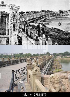 (170706) -- PÉKIN, 6 juillet 2017 -- la partie supérieure de la photo combinée montre le pont de Lugou occupé par des envahisseurs japonais (fichier). La partie inférieure prise par montre le pont à Pékin le 3 juillet 2017. La Chine a été la première nation à lutter contre les forces fascistes. La lutte a commencé le 18 septembre 1931, lorsque les troupes japonaises ont commencé leur invasion du nord-est de la Chine. Il a été intensifié lorsque l'invasion à grande échelle du Japon a commencé après un point d'accès crucial à Pékin, le pont Lugou, également connu sous le nom de pont Marco Polo, a été attaqué par les troupes japonaises le 7 juillet 1937. (MCG) CHINE-PÉKIN-GUERRE CONTRE LES JAPONAIS Banque D'Images