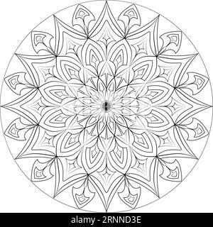 Il s'agit d'un mandala noir illustré sur un fond blanc dans un cercle. Il sera utilisé pour l'impression textile, les draps de lit et les fonds de couleur. Illustration de Vecteur