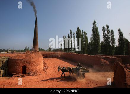 (170724) -- SRINAGAR, le 24 juillet 2017 -- Un travailleur migrant transporte des briques sur une charrette à cheval dans un four à briques dans un village du district de Budgam à environ 20 km au Sud-Ouest de Srinagar, capitale estivale du Cachemire contrôlé par l'Inde, le 24 juillet 2017. Le Cachemire sous contrôle indien compte plus de 300 fours en briques. Les experts en environnement disent que le grand nombre de fours à briques près des habitations dans le Cachemire sous contrôle indien posent un grave danger pour la vie et la santé des gens. (dtf) KASHMIR-SRINAGAR-BRICK FOUR INDUSTRY JavedxDar PUBLICATIONxNOTxINxCHN Srinagar juillet 24 2017 un travailleur immigrant porte des briques SUR un cheval C. Banque D'Images