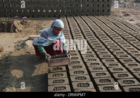 (170724) -- SRINAGAR, le 24 juillet 2017 -- Un travailleur migrant pose des briques pour le soleil dans un four à briques dans un village du district de Budgam à environ 20 km au Sud-Ouest de Srinagar, capitale estivale du Cachemire contrôlé par l'Inde, le 24 juillet 2017. Le Cachemire sous contrôle indien compte plus de 300 fours en briques. Les experts en environnement disent que le grand nombre de fours à briques près des habitations dans le Cachemire sous contrôle indien posent un grave danger pour la vie et la santé des gens. (dtf) KASHMIR-SRINAGAR-BRICK FOUR INDUSTRY JavedxDar PUBLICATIONxNOTxINxCHN Srinagar juillet 24 2017 un travailleur immigrant pose des briques pour le soleil dans une BRI Banque D'Images