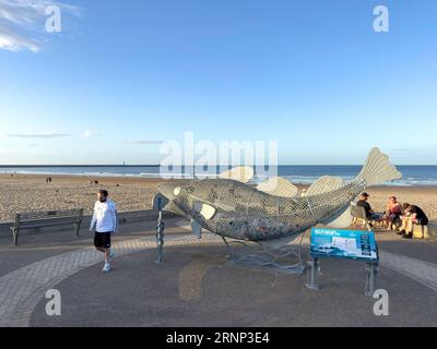 Bac de recyclage en forme de poisson, Sandhaven Beach, South Shields, Tyne and Wear, Angleterre, Royaume-Uni Banque D'Images