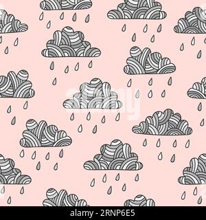 Motif pluvieux abstrait sans couture avec nuages dessinés à la main et gouttes de pluie. Illustration de Vecteur