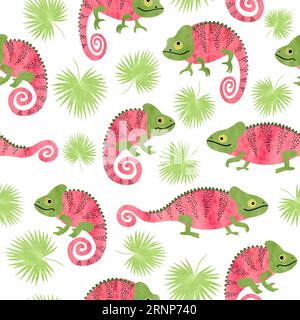 Motif tropical sans couture avec de mignons caméléons aquarelle et des feuilles de palmier. Illustration de Vecteur