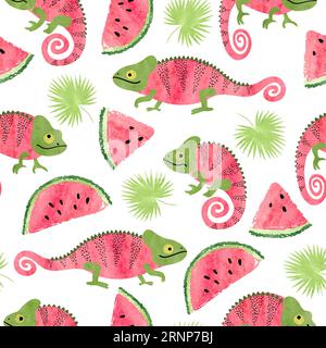 Motif tropical sans couture avec de mignons caméléons aquarelles, pastèques et feuilles de palmier Illustration de Vecteur