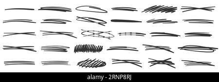 Collection de lignes barrées. Ensemble d'éléments d'éphasis à main levée dessinés à la main, soulignement, marqueur ou ligne de stylo à bille, rayure griffonnée croisée Illustration de Vecteur