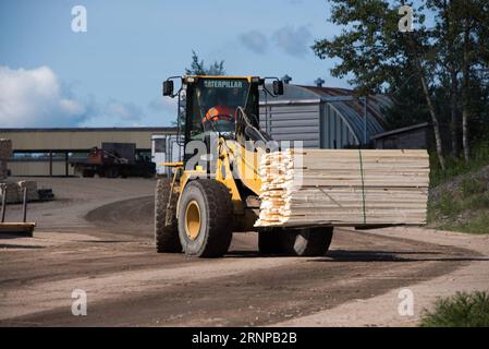 (170819) -- TORONTO (CANADA), le 19 août 2017 -- les planches à sécher sont transportées chez un fabricant de bois de la Murray Brothers Lumber Company, en Ontario, au Canada, le 16 août 2017. Les États-Unis ont ouvert mercredi la renégociation de l’Accord de libre-échange nord-américain (ALENA), vieux de 23 ans, avec une déclaration selon laquelle ils veulent des changements majeurs à l’accord qui modifient la balance commerciale. Toutefois, les propriétaires d’entreprises canadiennes espèrent que les négociateurs américains seront réceptifs au maintien, sinon à l’amélioration, de la circulation actuelle des marchandises et des travailleurs à la frontière. Les querelles sur le bois d'oeuvre résineux ont été un recul Banque D'Images