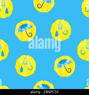 Fond pluvieux dans les couleurs bleu et jaune. Motif sans couture météo avec des cercles à motifs. Gouttes de pluie et parapluies Illustration de Vecteur