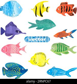 Ensemble de poissons. Collection de poissons de mer aquarelle colorés isolés sur fond blanc. Illustration vectorielle Illustration de Vecteur