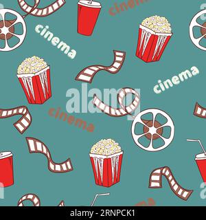 Title Cinema Seamless pattern. Symboles de cinéma lumineux - pop-corn, bobine de film et bande - isolé sur bleu. Arrière-plan vectoriel Illustration de Vecteur