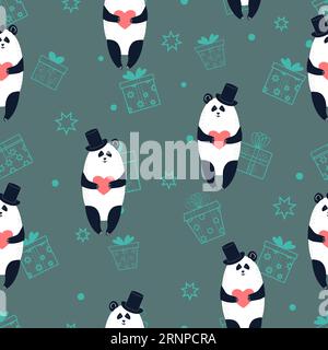 Motif sans couture avec des ours panda mignons tenant des coeurs. Fond vectoriel romantique Illustration de Vecteur