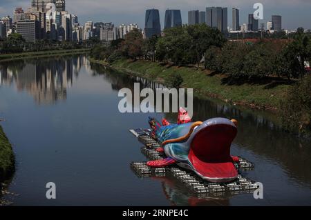 (170825) -- SAO PAULO, 25 août 2017 -- Une représentation d'un poisson géant, long de 30 mètres et haut de 7 mètres, flotte à travers la rivière Pinheiros, à Sao Paulo, Brésil, le 24 août 2017. L'intervention urbaine flottante appelée Pintado est une œuvre de l'artiste plasticien brésilien Eduardo Srur, et fait partie d'un événement appelé Virada Sustentavel , cela a lieu du 24 au 27 août à Sao Paulo, avec l'objectif de prendre à la société les actions liées à la vie durable. ) (Da) (fnc) BRÉSIL-SAO PAULO-ENVIRONMENT-EVENT RahelxPatrasso PUBLICATIONxNOTxINxCHN Sao Paulo août 25 2017 une représentation de Banque D'Images