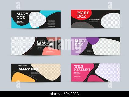 Modèle de bannière vectorielle sur fond noir avec des éléments abstraits colorés, présentation de coupon avec design créatif.mise en page de flyer standard avec espace Illustration de Vecteur