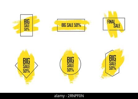 Un ensemble d'étiquettes avec des coups de pinceau jaunes avec des formes géométriques pour annoncer une grosse vente. Présentation d'éléments vectoriels dessinés à la main pour étiquettes, autocollants Illustration de Vecteur