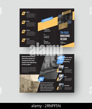Brochure triple pliante vectorielle avec motif géométrique bleu et jaune, fond noir avec place pour la photo, ombres réalistes. Gabarit à trois plis pour pres Illustration de Vecteur