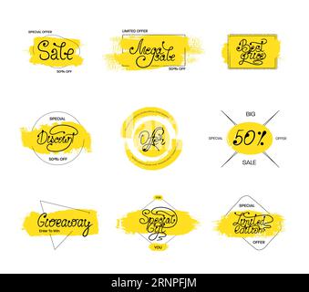 Tag vectoriel avec des traits jaunes, des blots, des éléments géométriques, lettrage calligraphique pour grande vente, sur un fond blanc. Ensemble avec des mots élégants. Autocollants Illustration de Vecteur