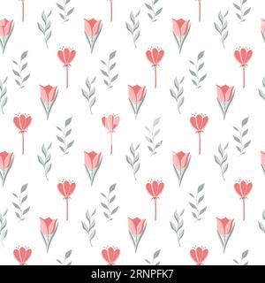 Vector Seamless motif avec des fleurs rouges, brindilles vertes avec des feuilles, décor botanique sur un fond blanc. Illustration florale répétée pour la conception, fa Illustration de Vecteur