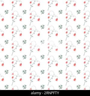 Motif sans couture floral d'été avec des fleurs rouges et vertes, des brindilles, des feuilles, isolé sur fond blanc. Illustration vectorielle répétitive pour impression, desig Illustration de Vecteur