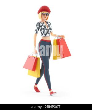 fille de mode 3d marchant avec des sacs à provisions, illustration isolée sur fond blanc Banque D'Images