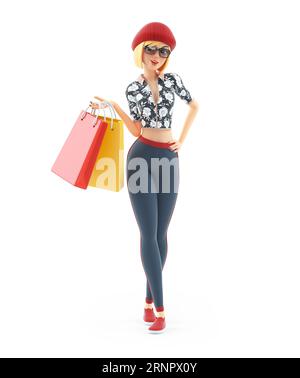 fille de mode 3d tenant plusieurs sacs à provisions, illustration isolée sur fond blanc Banque D'Images