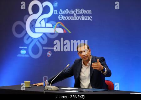 Bilder des Tages (170910) -- THESSALONIQUE, le 10 septembre 2017 -- le Premier ministre grec Alexis Tsipras prend la parole lors d'une conférence de presse de la 82e Foire internationale de Thessalonique (TIF) à Thessalonique, Grèce, le 10 septembre 2017. ) (hy) GREECE-THESSALONIKI-PM-TIF MariosxLolos PUBLICATIONxNOTxINxCHN Banque D'Images