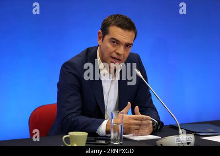(170910) -- THESSALONIQUE, 10 septembre 2017 -- le Premier ministre grec Alexis Tsipras prend la parole lors d'une conférence de presse de la 82e Foire internationale de Thessalonique (TIF) à Thessalonique, Grèce, le 10 septembre 2017. ) (hy) GREECE-THESSALONIKI-PM-TIF MariosxLolos PUBLICATIONxNOTxINxCHN Banque D'Images