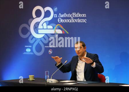 (170910) -- THESSALONIQUE, 10 septembre 2017 -- le Premier ministre grec Alexis Tsipras prend la parole lors d'une conférence de presse de la 82e Foire internationale de Thessalonique (TIF) à Thessalonique, Grèce, le 10 septembre 2017. ) (hy) GREECE-THESSALONIKI-PM-TIF MariosxLolos PUBLICATIONxNOTxINxCHN Banque D'Images