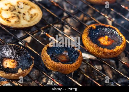 De savoureux champignons et légumes cuits sur un grill au charbon de bois Banque D'Images