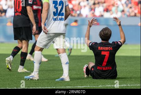 Leverkusen, Allemagne. 02 septembre 2023. Football : Bundesliga, Bayer Leverkusen - Darmstadt 98, Journée 3, BayArena. Jonas Hofmann de Leverkusen se plaint. Crédit : Bernd Thissen/dpa - REMARQUE IMPORTANTE : conformément aux exigences de la DFL Deutsche Fußball Liga et de la DFB Deutscher Fußball-Bund, il est interdit d’utiliser ou de faire utiliser des photographies prises dans le stade et/ou le match sous forme de séquences et/ou de séries de photos de type vidéo./dpa/Alamy Live News Banque D'Images