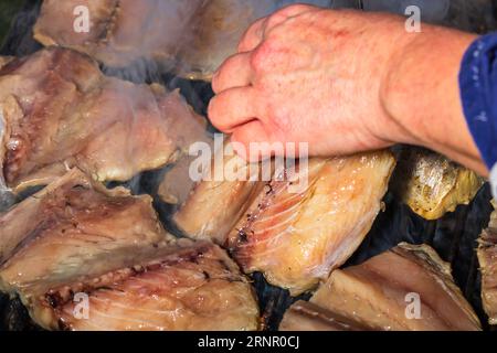 Griller des côtelettes de porc sur un barbecue. Barbecue dans le jardin Banque D'Images