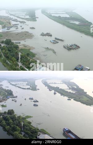 (170913) -- HUAI AN, 13 septembre 2017 -- une photo combinée montre une scène de la rivière Huaihe le 3 juillet. 2017 (en haut) et le 13 septembre 2017 dans le comté de Xuyi de Huai an, province de Jiangsu dans l est de la Chine. En raison des précipitations dans les cours supérieurs et les zones de Huaibei, le niveau d'eau de la section Jiangsu de la rivière Huaihe a atteint 14,03 mètres tôt mercredi, 0,53 mètres plus haut que le niveau des eaux navigables. (MCG) CHINA-JIANGSU-HUAIHE RIVER-FLOOD (CN) ZhouxHaijun PUBLICATIONxNOTxINxCHN Banque D'Images