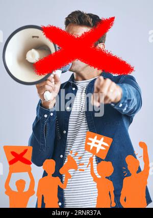 Opinion, annuler la culture et la restriction avec la personne et mégaphone en studio pour la voix, les médias sociaux ou la censure. Discrimination, liberté d'expression ou Banque D'Images
