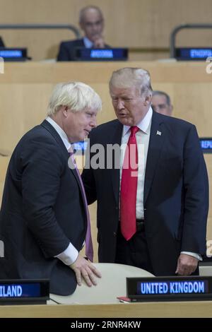 (170918) -- NATIONS UNIES, 18 septembre 2017 -- le président américain Donald Trump (à droite) s'entretient avec le ministre britannique des Affaires étrangères Boris Johnson avant une réunion de haut niveau sur la réforme de l'ONU au siège de l'ONU à New York, le 18 septembre 2017. Le Secrétaire général des Nations Unies Antonio Guterres et le Président américain Donald Trump ont appelé lundi à un changement de bureaucratie aux Nations Unies. RÉUNION DE HAUT NIVEAU DE L'ONU-RÉFORME DE L'ONU LIXMUZI PUBLICATIONXNOTXINXCHN Banque D'Images