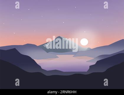 Dessin animé Illustration du soleil se levant sur les montagnes Paysage format orientation. Banque D'Images