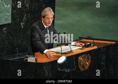 (170921) -- NATIONS UNIES, 21 septembre 2017 -- le Premier ministre italien Paolo Gentiloni s'adresse à la 72e session de l'Assemblée générale des Nations Unies, le deuxième jour du débat général au siège de l'ONU à New York, le 20 septembre 2017.) (hy) un-72E ASSEMBLÉE GÉNÉRALE-DÉBAT GÉNÉRAL LixRui PUBLICATIONxNOTxINxCHN Banque D'Images