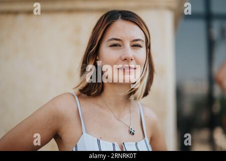 Portrait de jeune femme d'affaires étonnante posant avec un léger sourire sur son visage. Banque D'Images