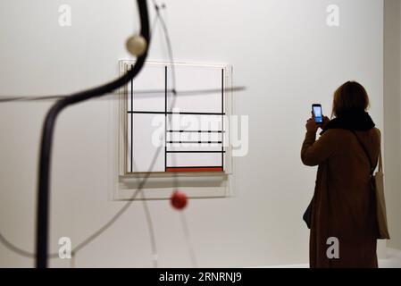 (171010) -- PARIS, le 10 octobre 2017 -- Un visiteur prend des photos de la composition de Piet Mondrian en blanc, noir et rouge avec Un univers d Alexander Clader au premier plan lors d une avant-première pour l exposition Being Modern: MoMA à Paris à la Fondation Louis Vuitton à Paris, France, le 10 octobre 2017. Le Musée d'Art moderne (MoMA) et la Fondation Louis Vuitton organiseront la première exposition complète en France à présenter la collection du MoMA. L'exposition Being Modern : MoMA in Paris sera présentée au public à la Fondation Louis Vuitton du 11 octobre 2017 au 5 mars 2018. ) FRANCE-PA Banque D'Images