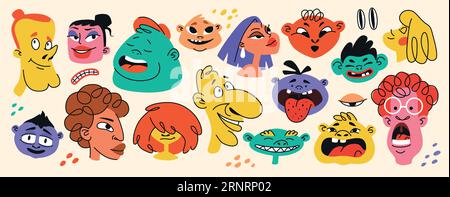 Portraits drôles. Visages de gens excentriques, symboles uniques abstraits de jeunes personnages cool modernes. Icônes abstraites femme et homme. joyeuses mascottes lumineuses coll. Illustration de Vecteur